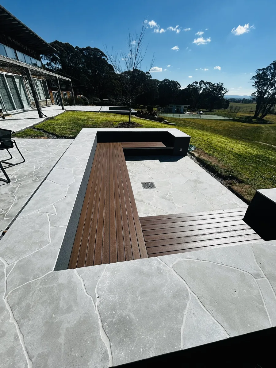 Stone paving and built-in seating